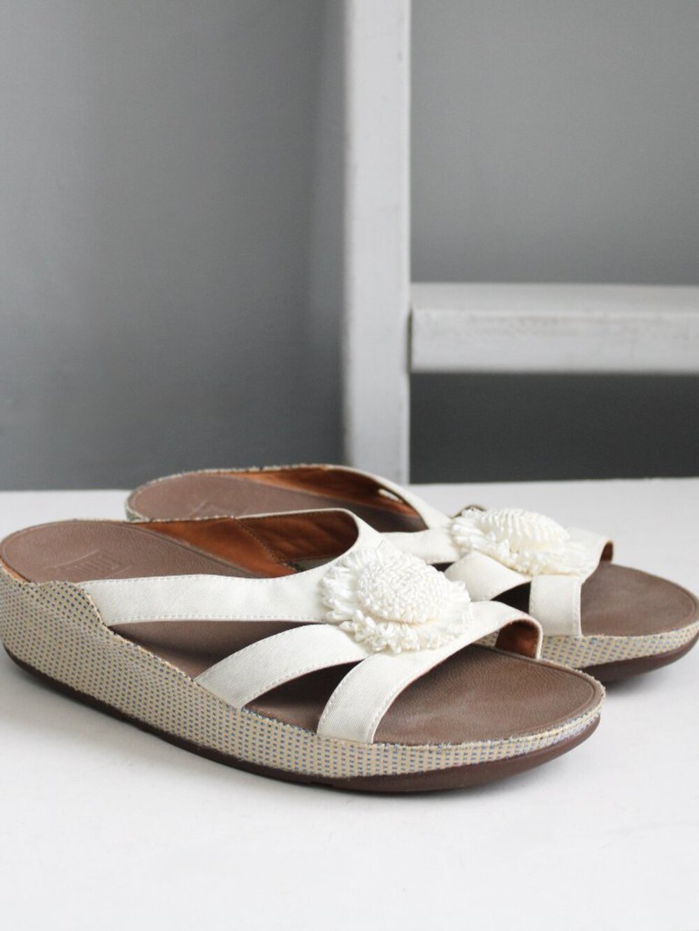 FitFlop Cream Wedge Slide Sandals with Floral Medallion